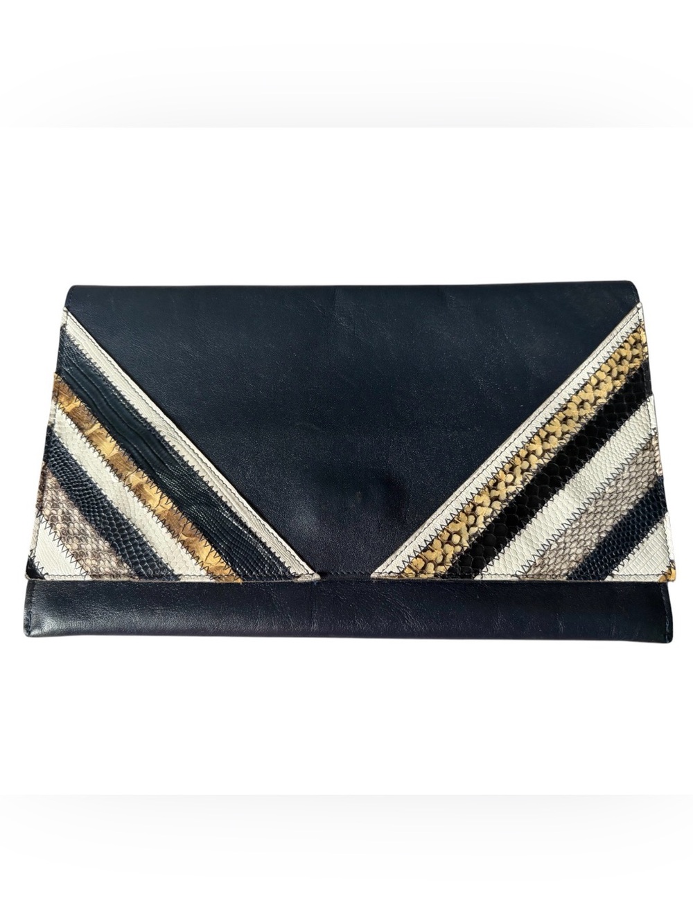 Vintage Navy Blue Leather Envelope Clutch with Gold and Cream Chevron Accents